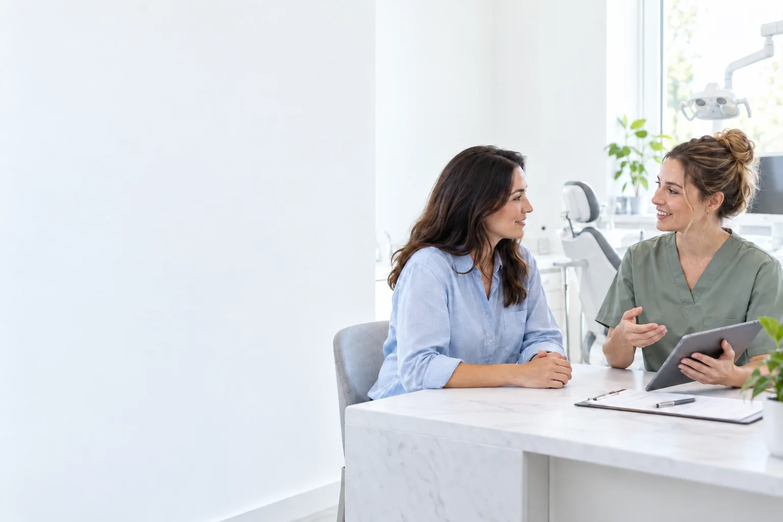 Illustrative scene of a patient talking with a dental professional